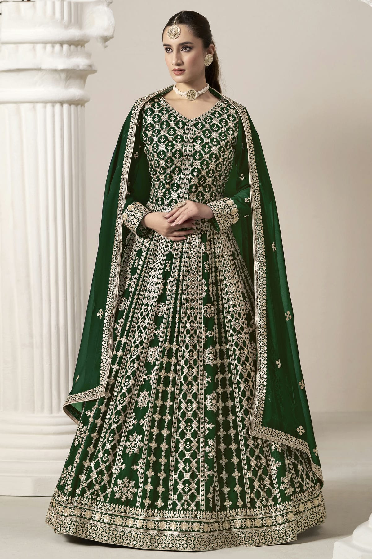 Green Colour Faux Georgette Semi Stitched Anarkali Suit