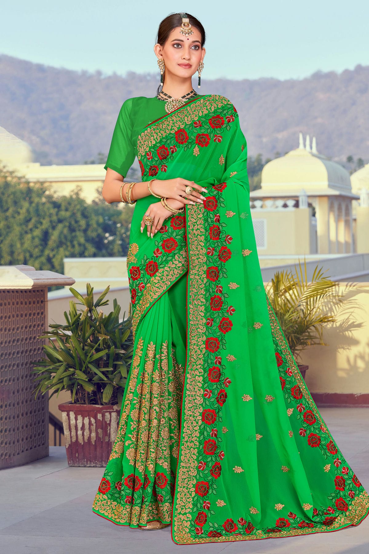 Green Colour Georgette Designer Saree