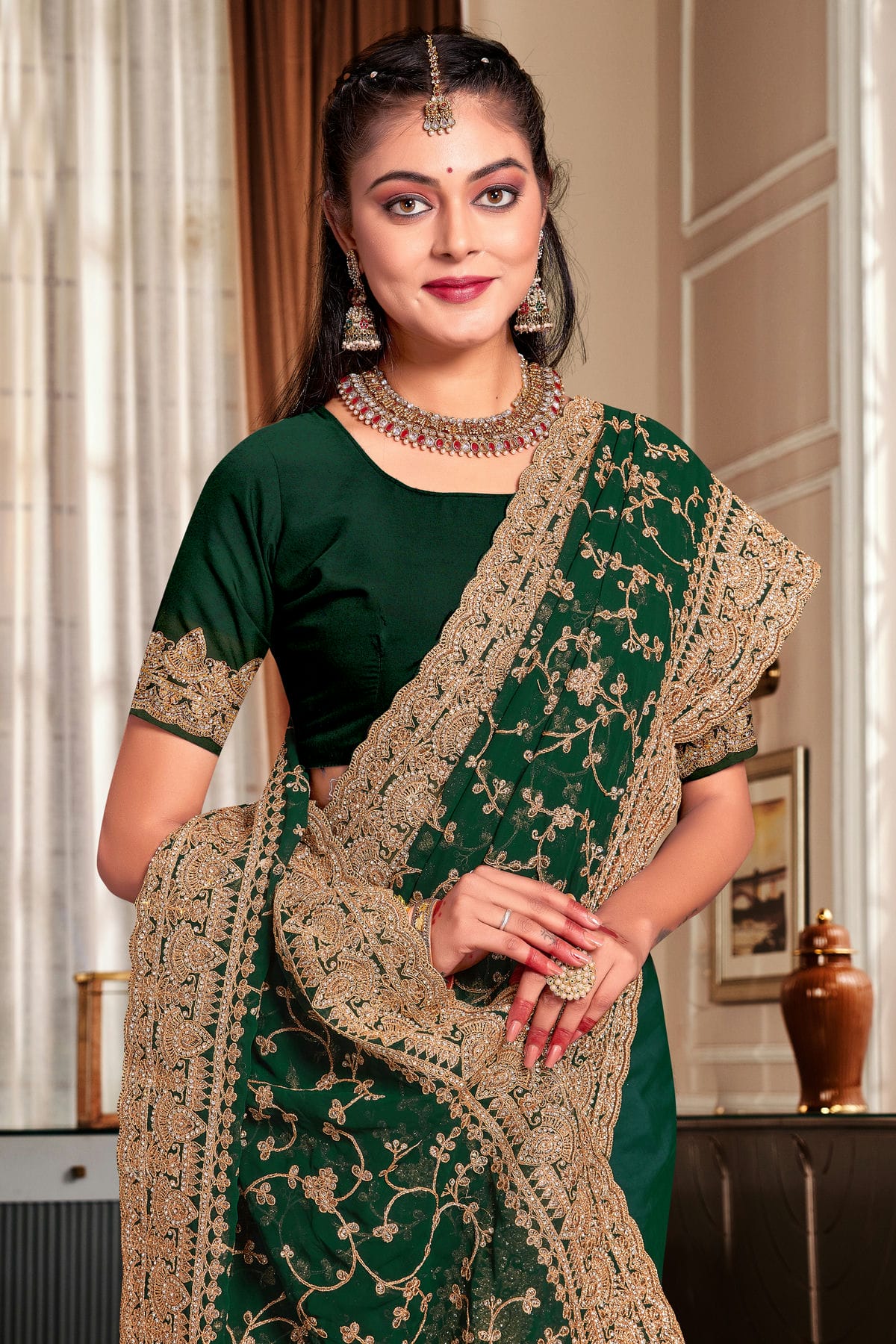 Green Colour Georgette Designer Saree