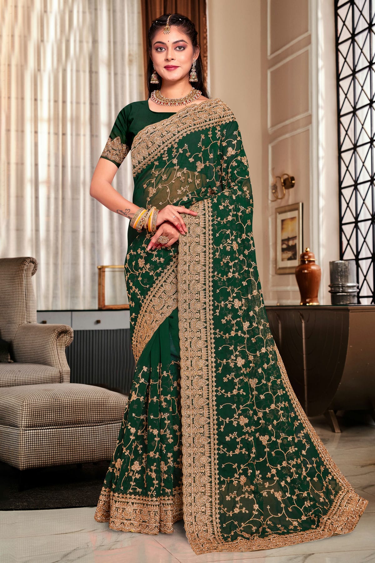 Green Colour Georgette Designer Saree