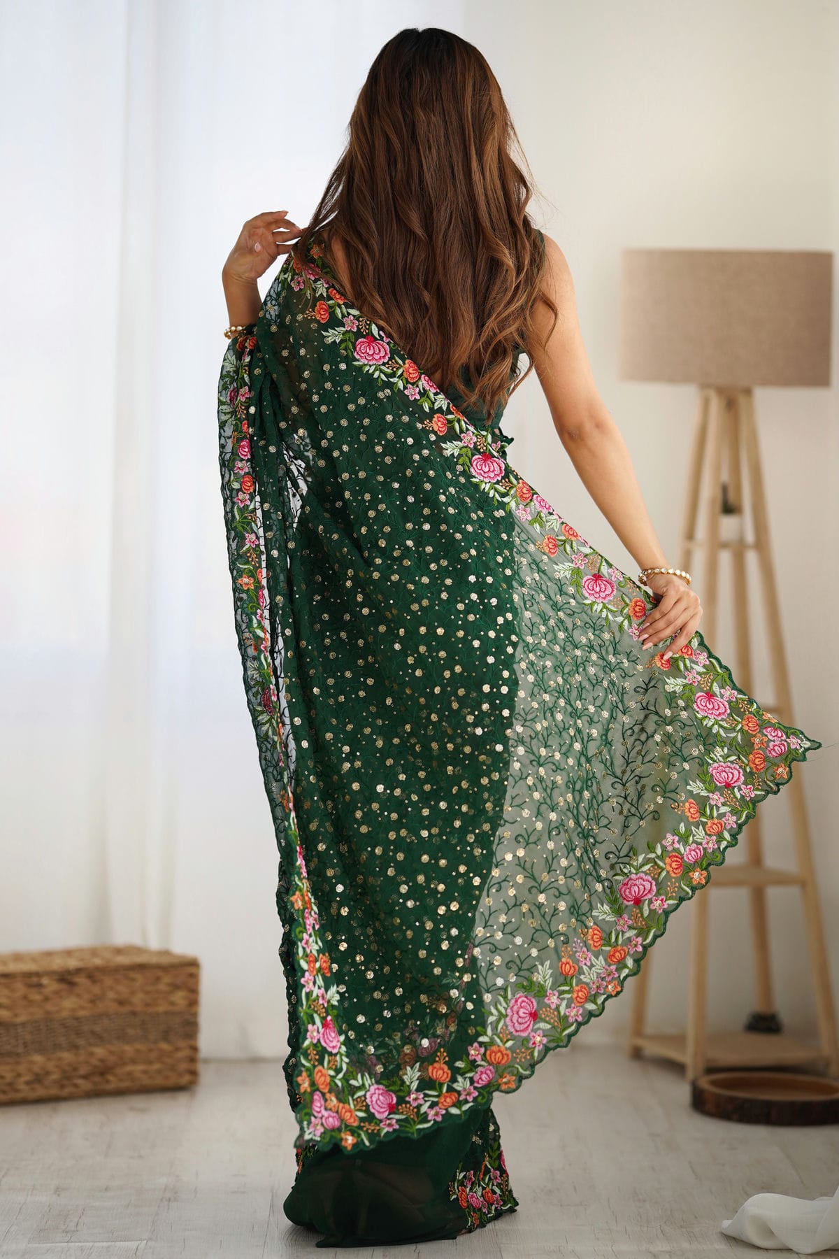 Green Colour Georgette Designer Saree