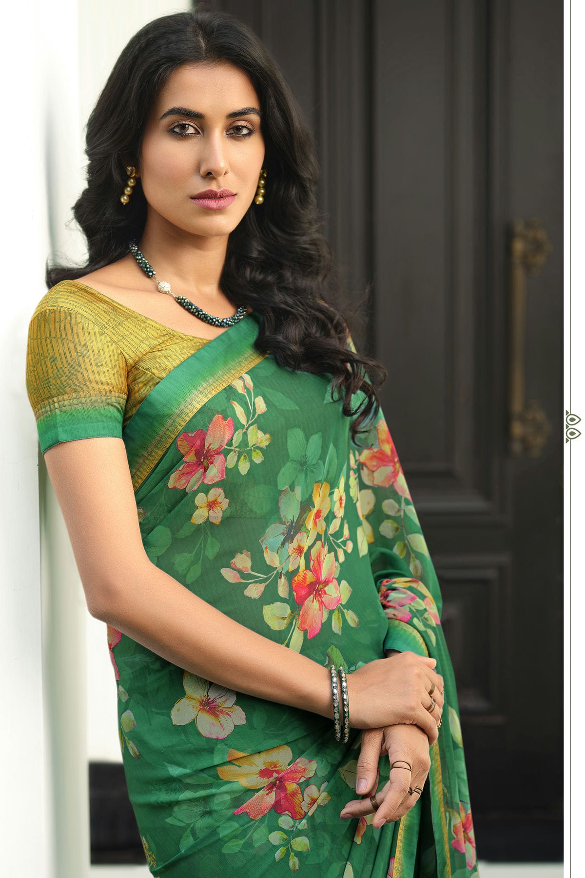 Green Colour Georgette Printed Saree