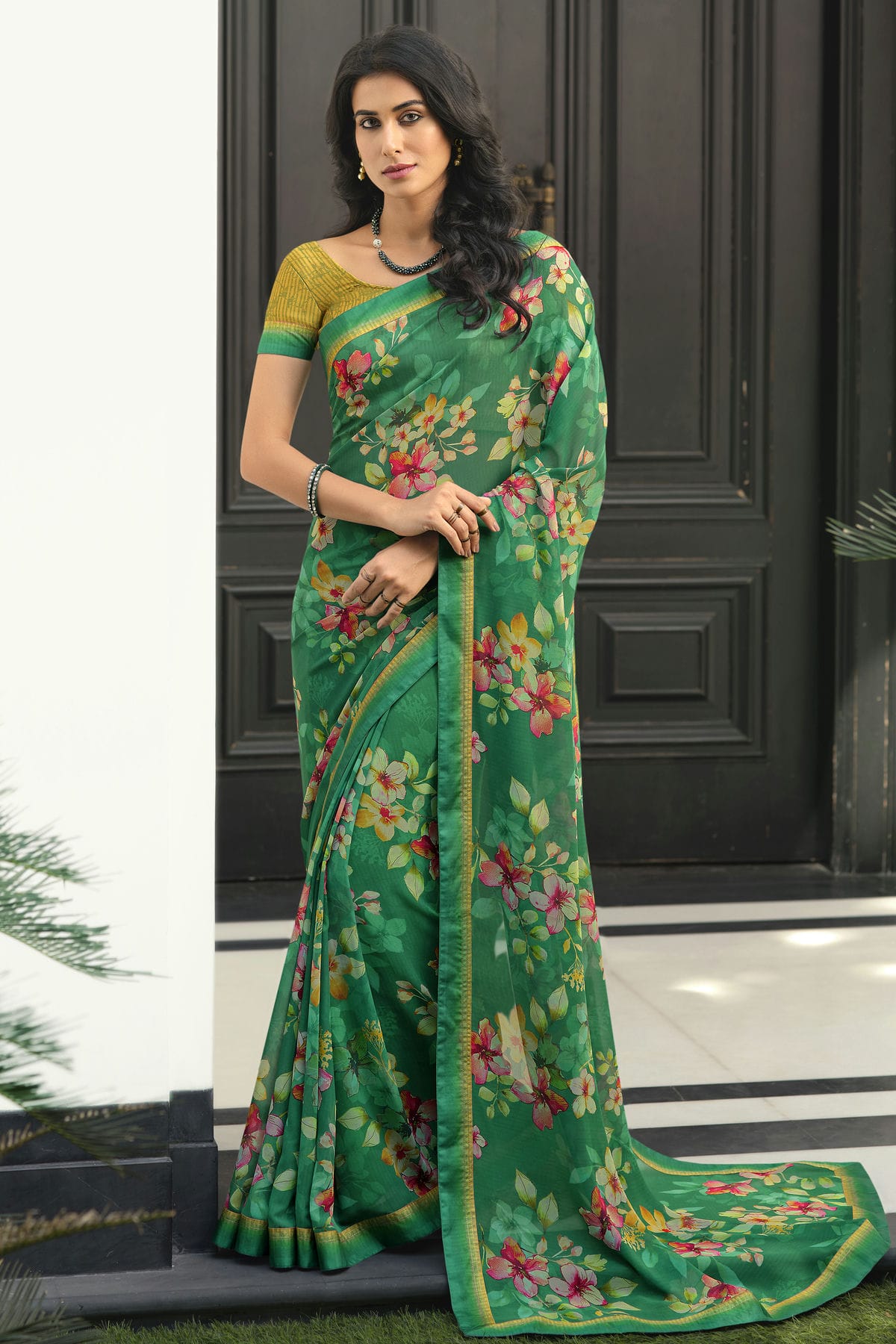 Green Colour Georgette Printed Saree