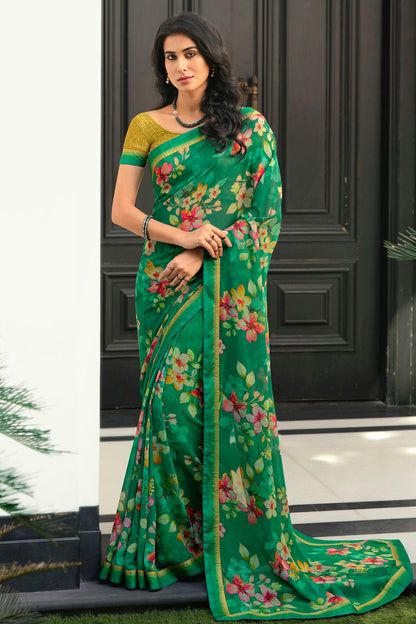 Green Colour Georgette Printed Saree