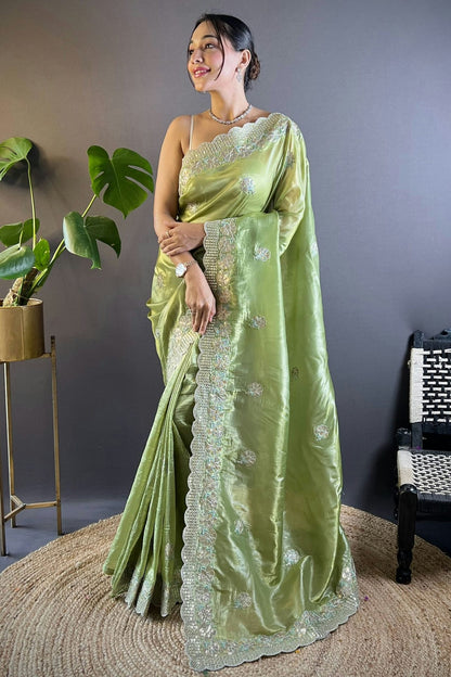 Green Colour Gold Crunchy Designer Saree