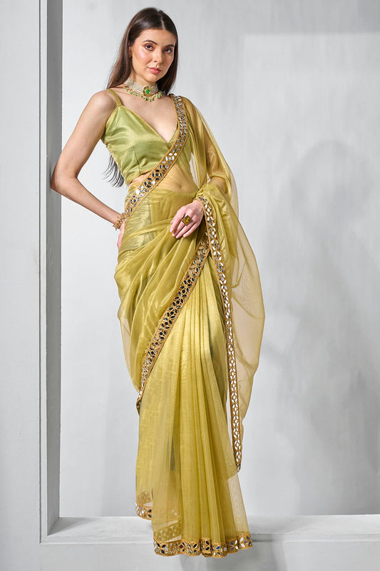 Green Colour Gold Tissue Net Designer Saree