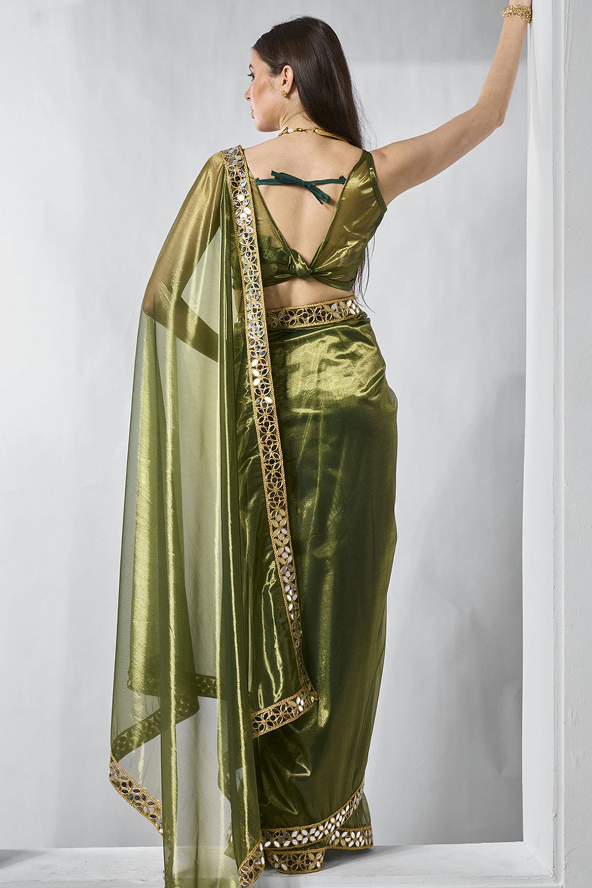 Green Colour Gold Tissue Net Designer Saree