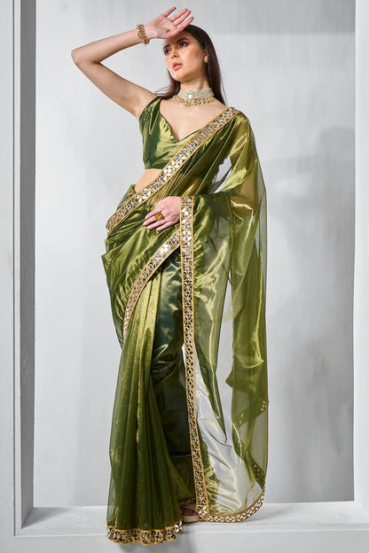 Green Colour Gold Tissue Net Designer Saree