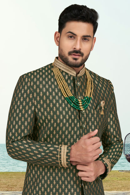 Green Colour Jacquard Indo Western Sherwani VSSH1040507