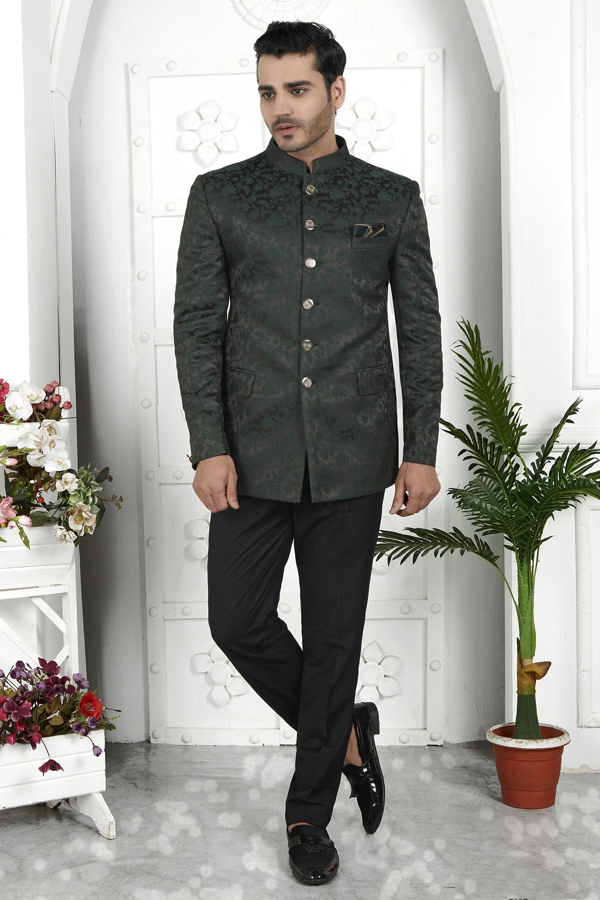 Green Colour Jacquard Silk Jodhpuri Jacket