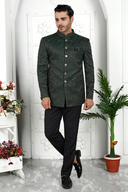 Green Colour Jacquard Silk Jodhpuri Jacket