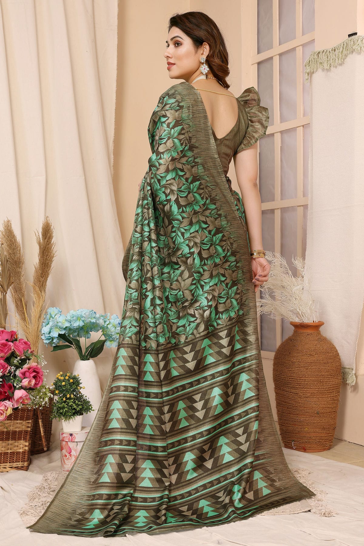 Green Colour Khadi Printed Saree