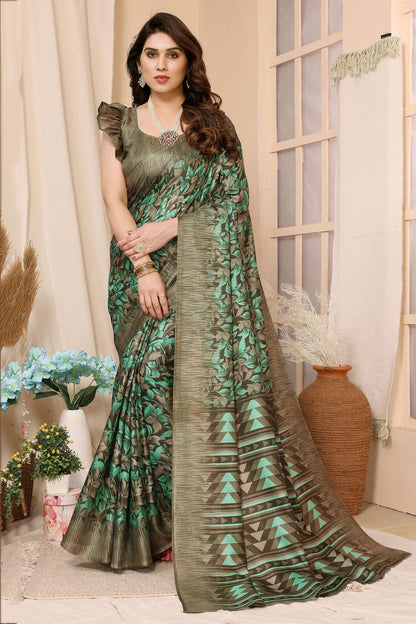 Green Colour Khadi Printed Saree