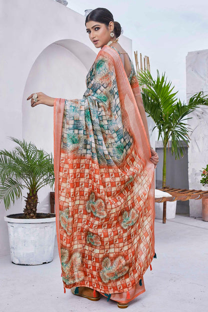 Green Colour Linen Blend Printed Saree