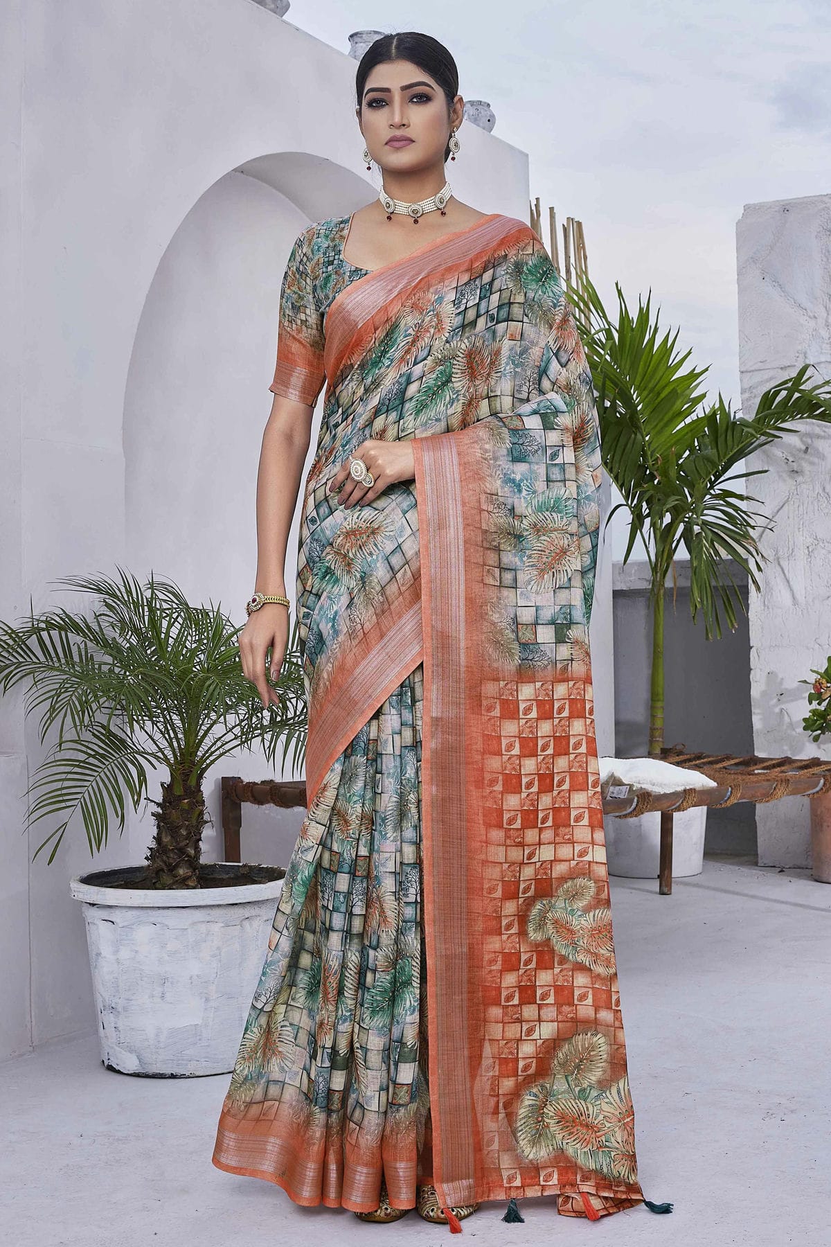 Green Colour Linen Blend Printed Saree