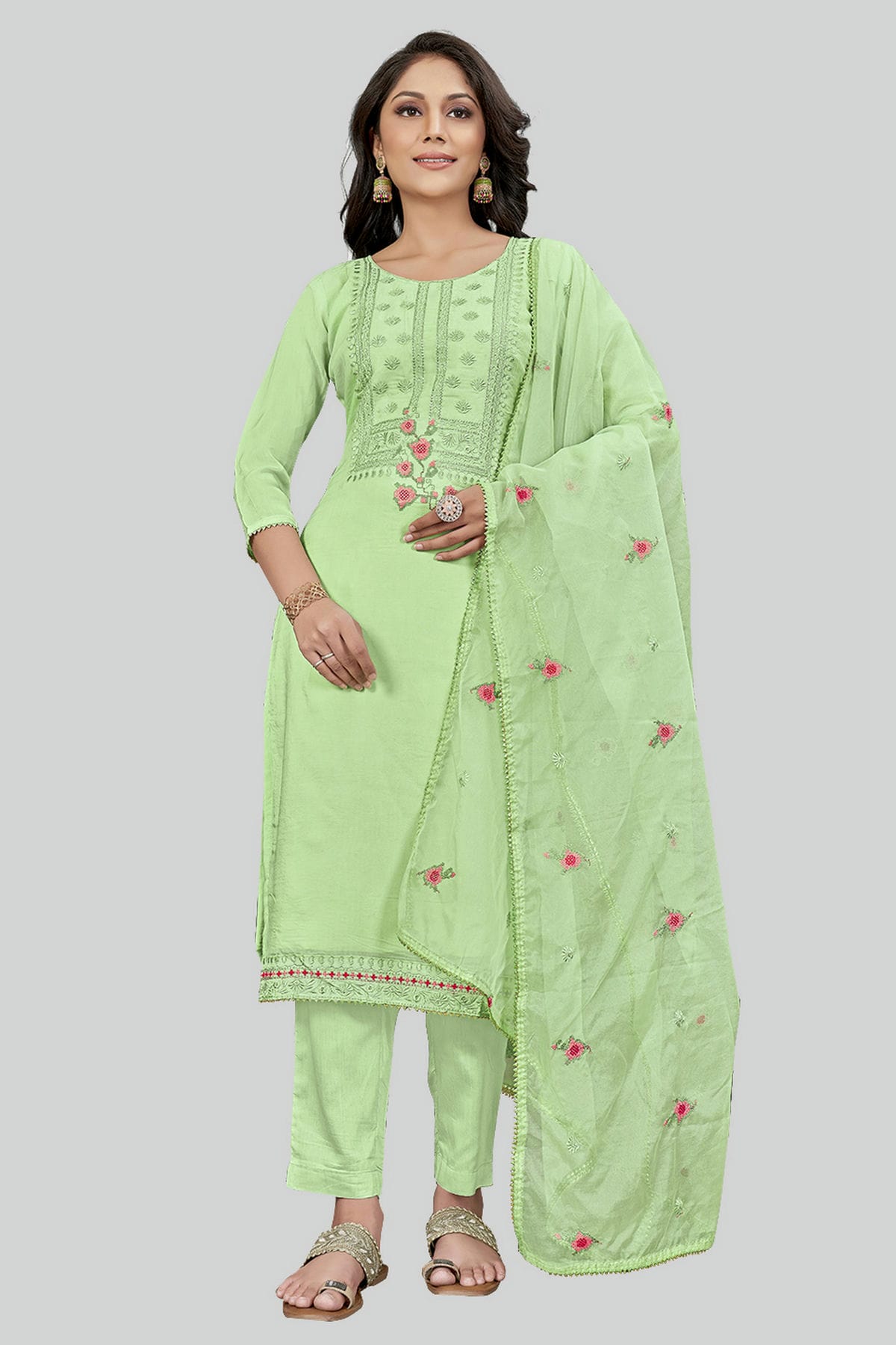 Green Colour Modal Silk Pant Style Suit