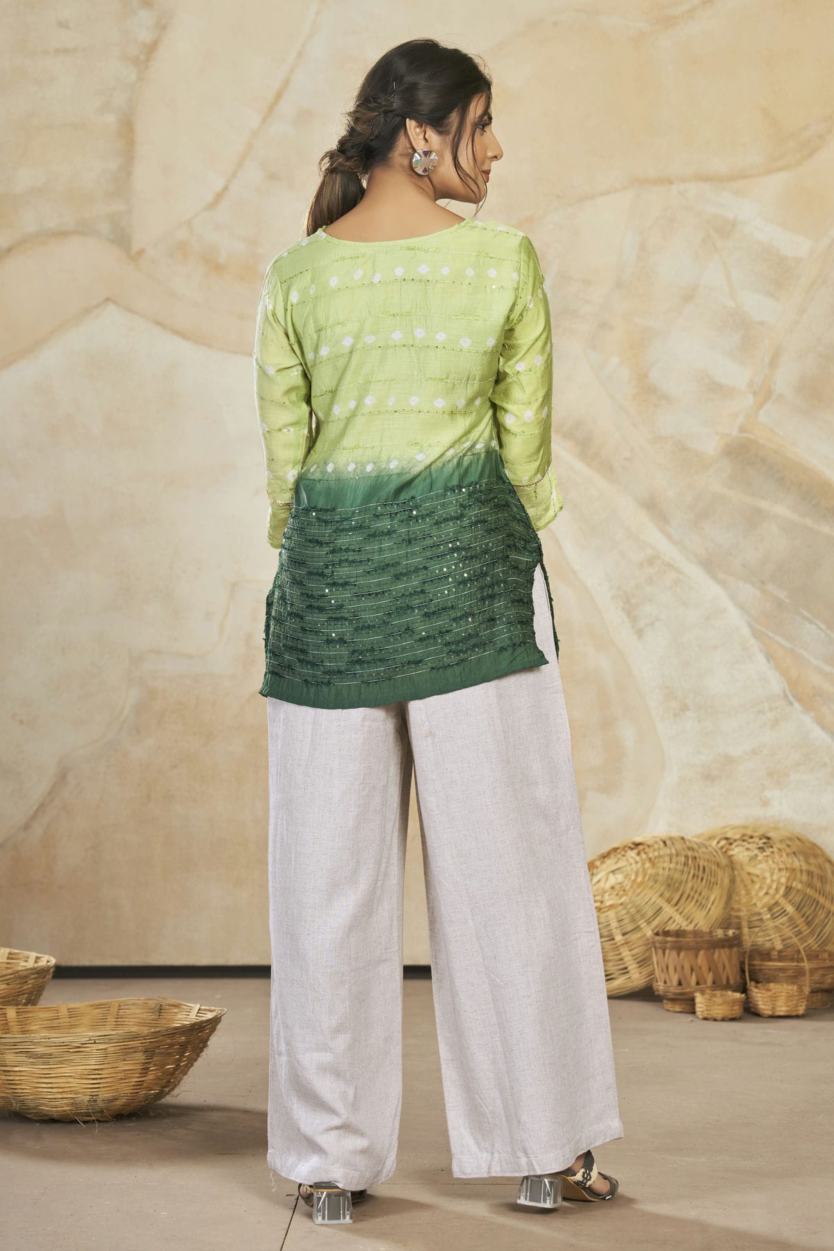 Green Colour Modal Silk Sequins Work Work Readymade Top