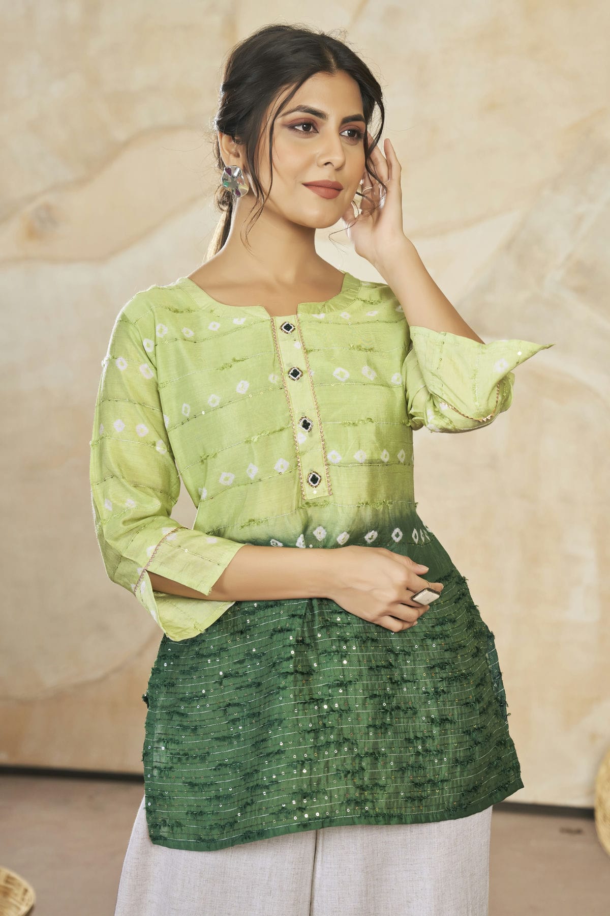 Green Colour Modal Silk Sequins Work Work Readymade Top