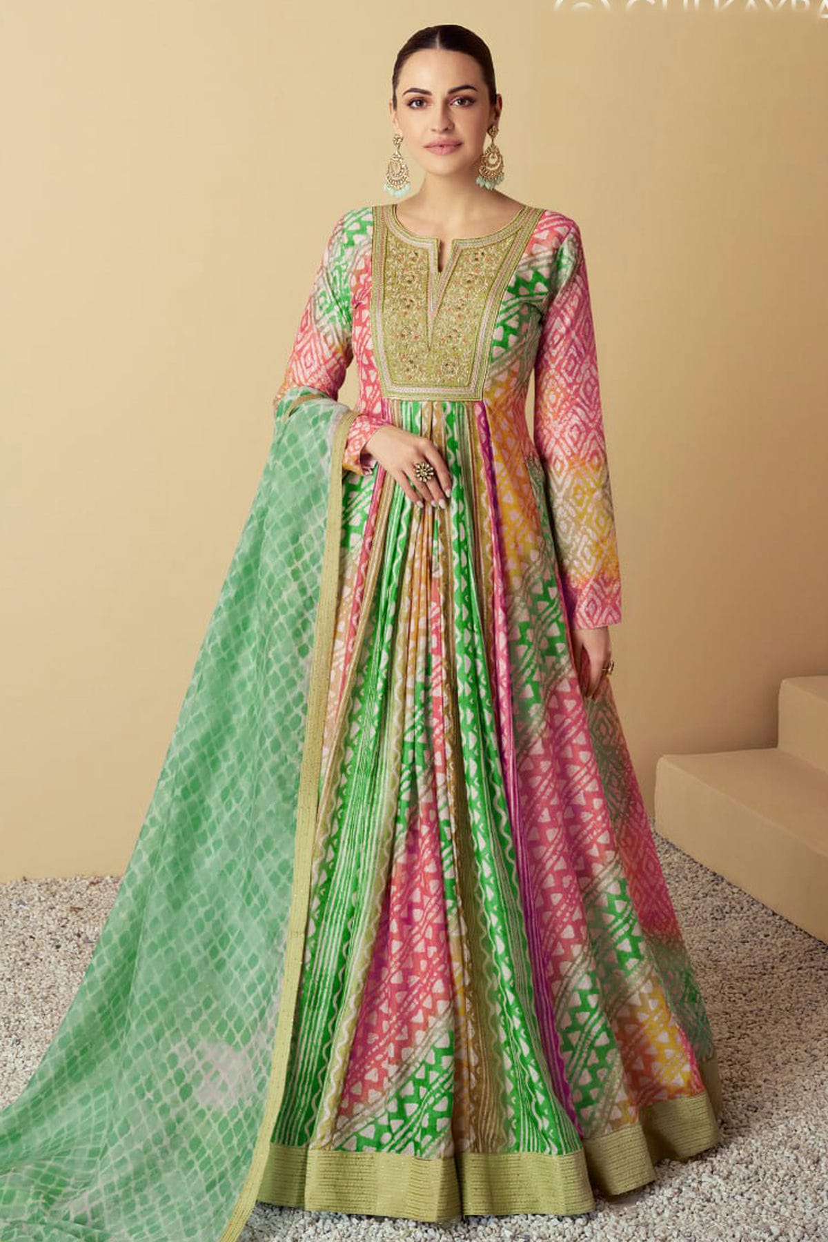 Green Colour Muslin Gown