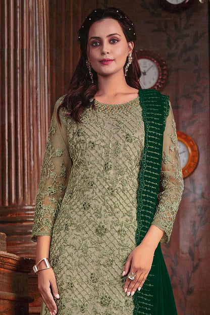 Green Colour Net Palazzo Pant Suit