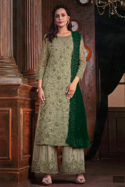 Green Colour Net Palazzo Pant Suit