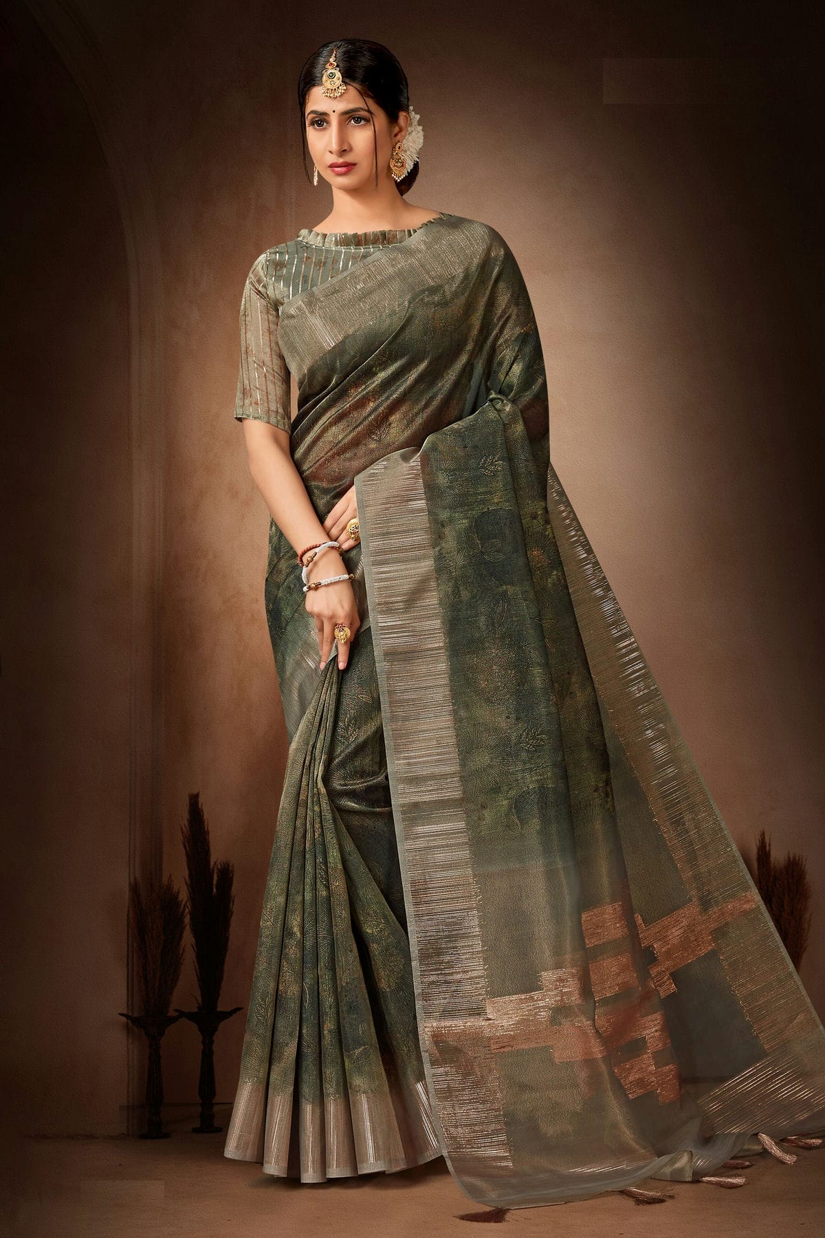 Green Colour Organza Printed Saree