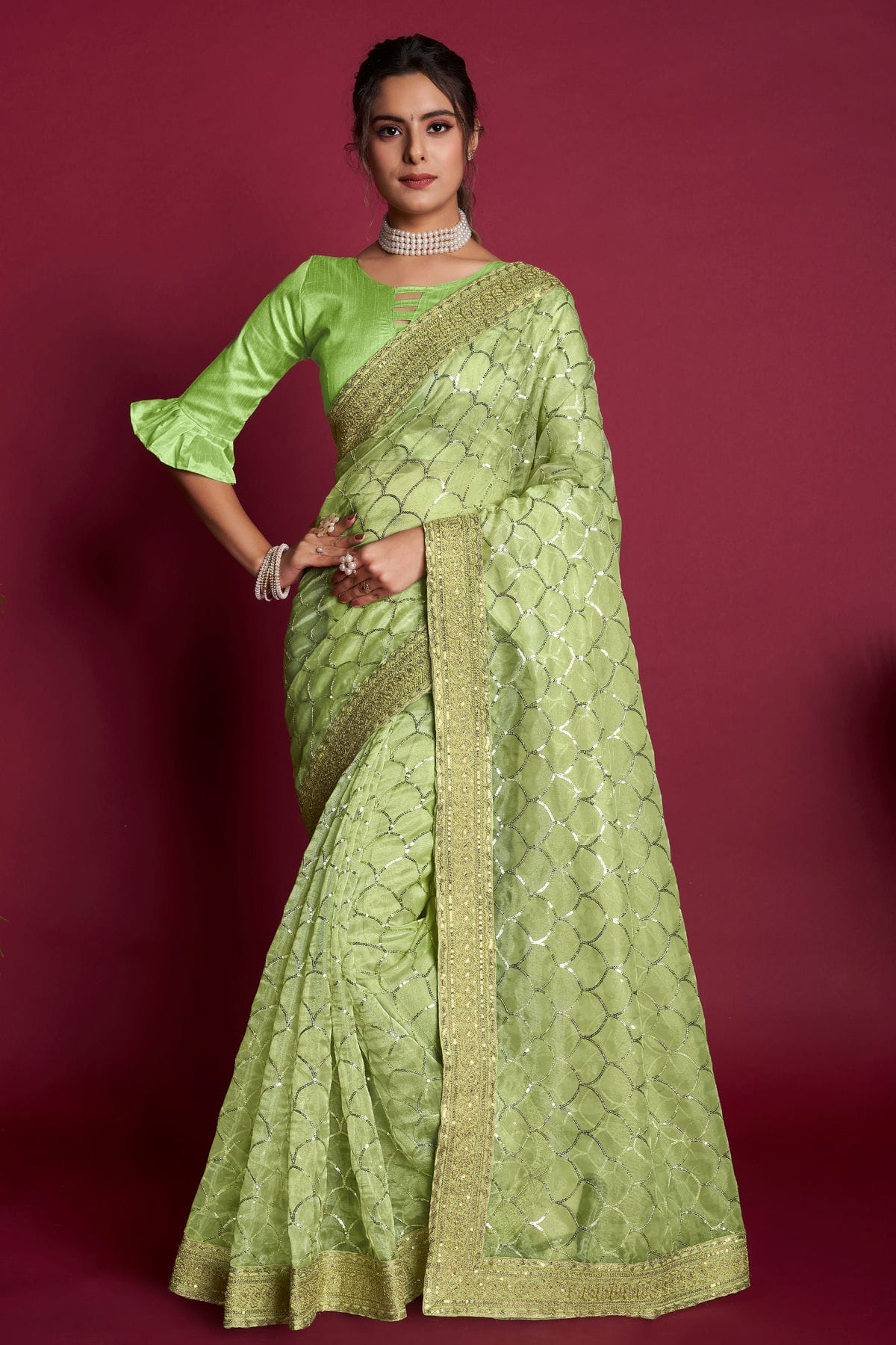 Green Colour Organza Saree