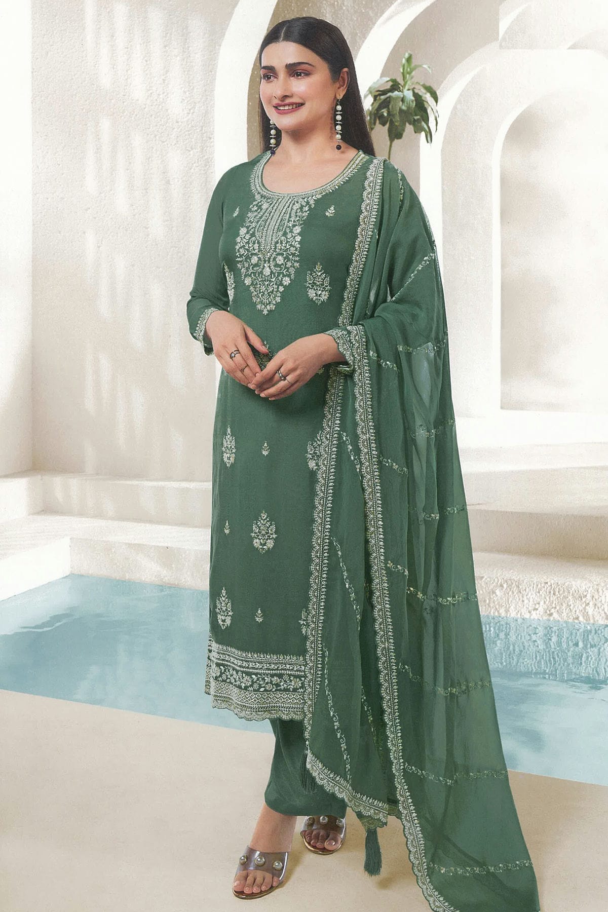 Green Colour Organza Straight Suit