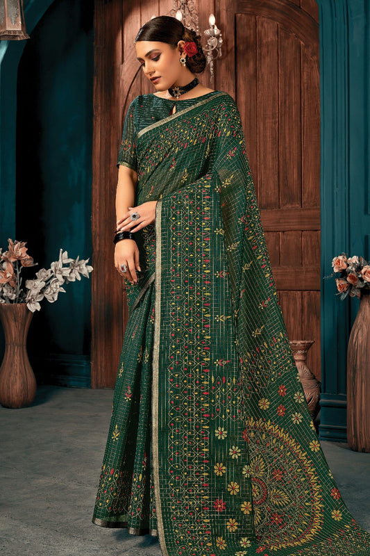 Green Colour Printed Work Cotton Saree