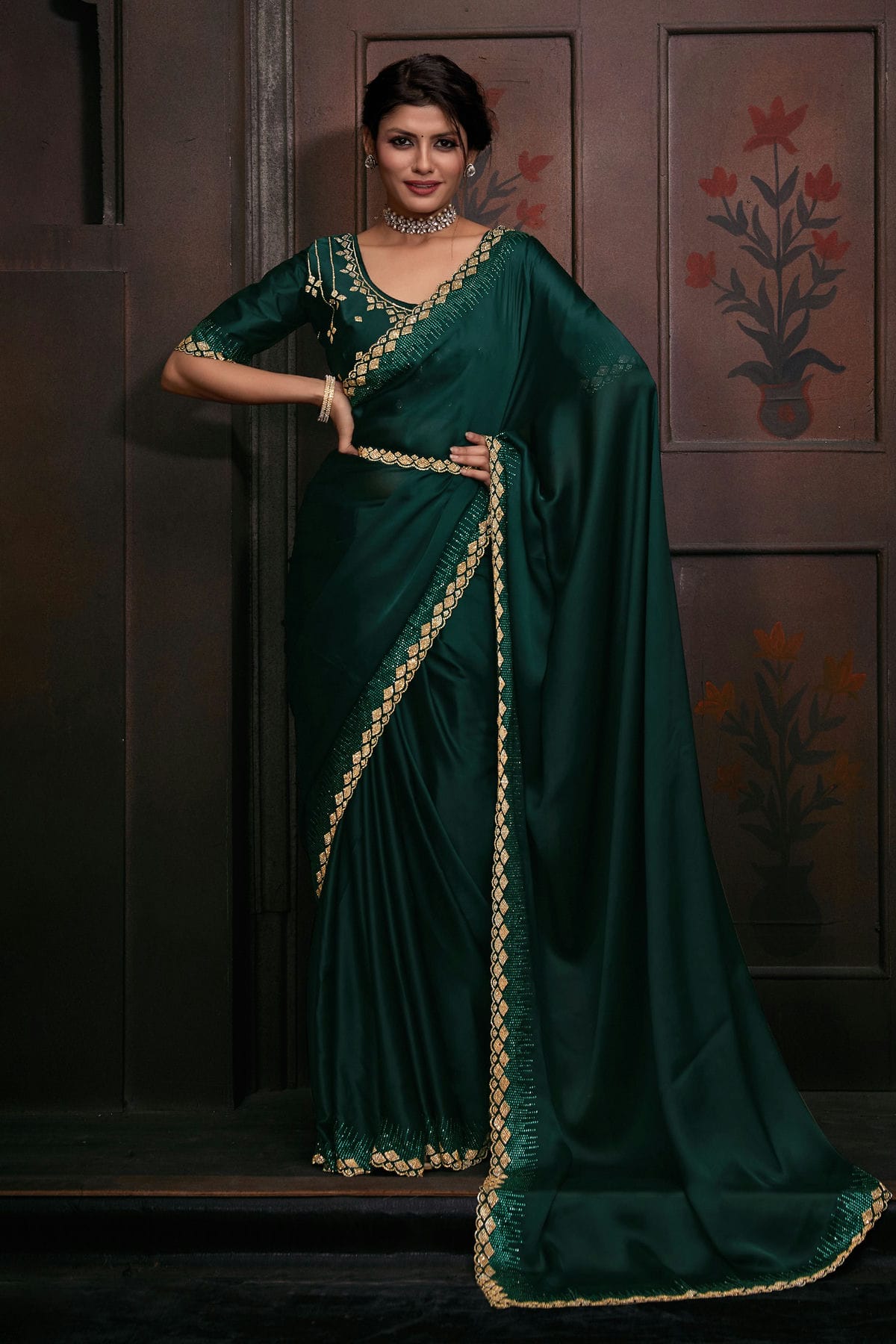 Green Colour Pure Satin Designer Saree