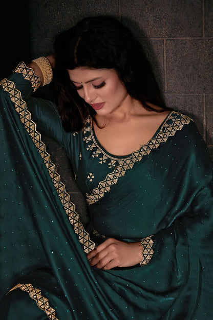 Green Colour Pure Satin Designer Saree