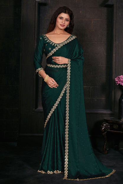 Green Colour Pure Satin Designer Saree