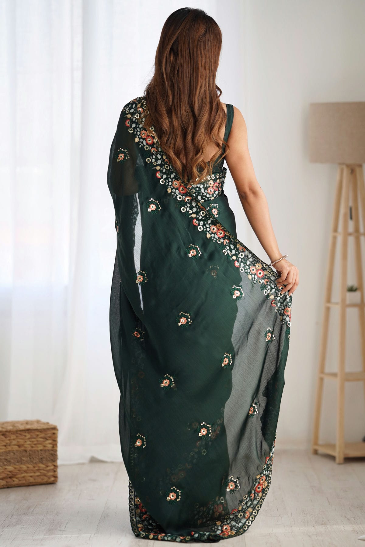 Green Colour Satin Chiffon Designer Saree