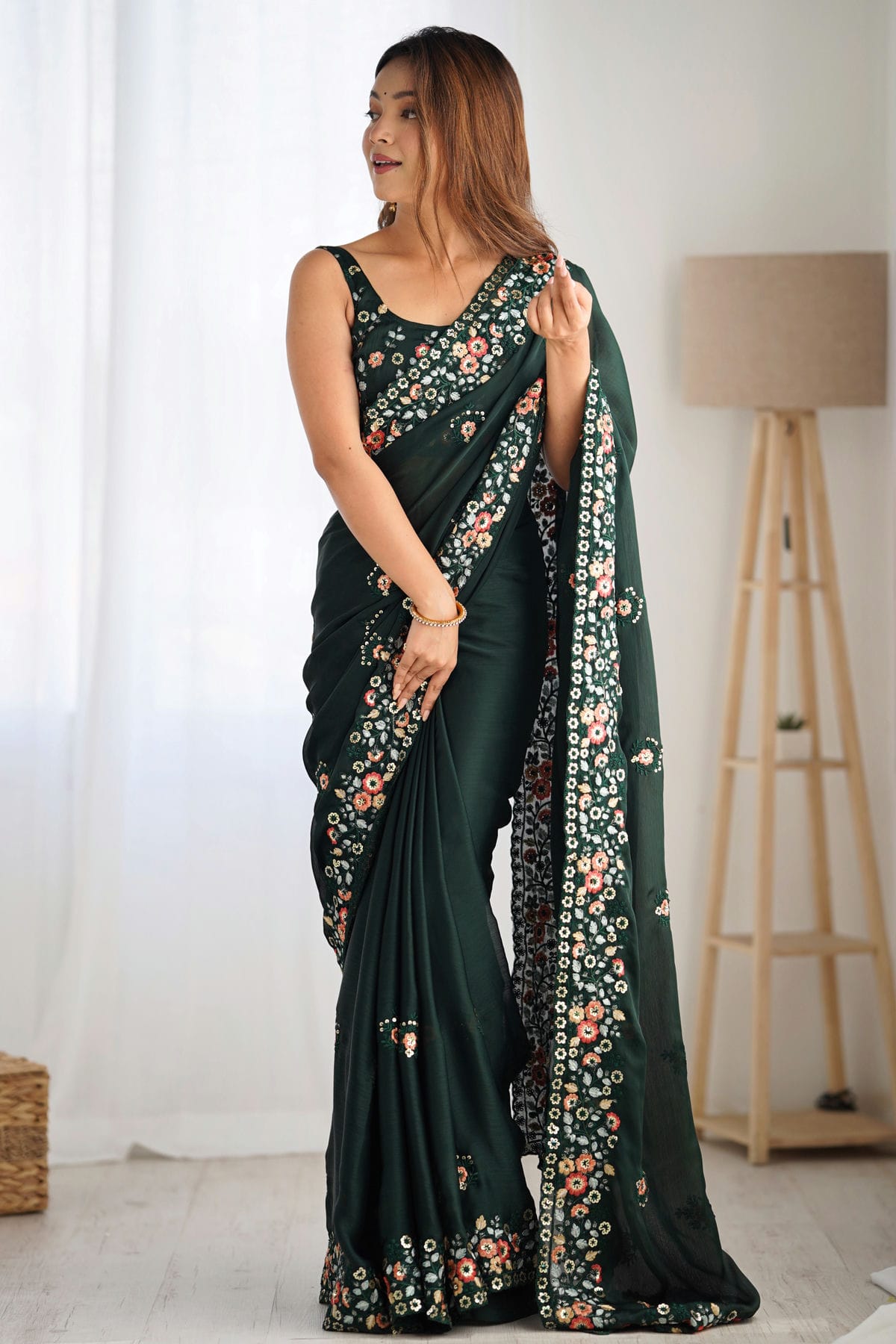 Green Colour Satin Chiffon Designer Saree