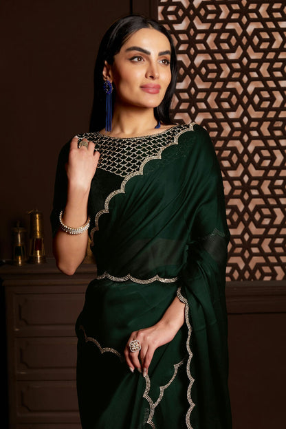 Green Colour Satin Silk Chiffon Designer Saree