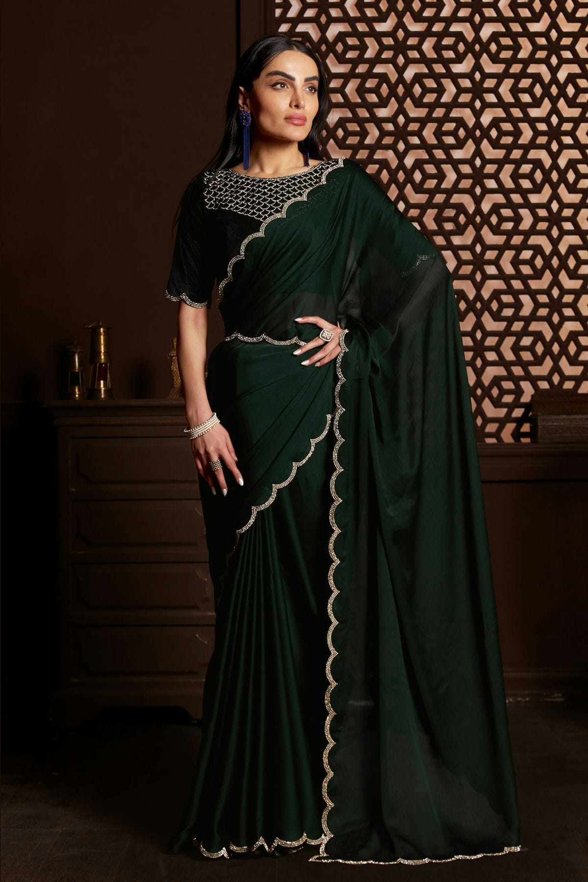 Green Colour Satin Silk Chiffon Designer Saree