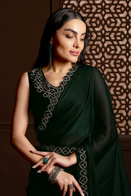 Green Colour Satin Silk Chiffon Designer Saree