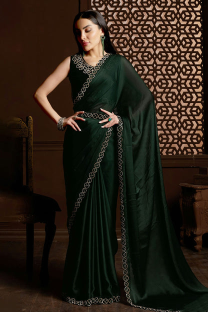 Green Colour Satin Silk Chiffon Designer Saree