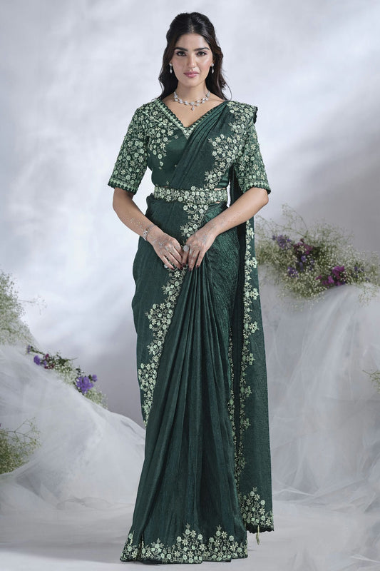 Green Colour Satin Silk Ready To Wear Saree