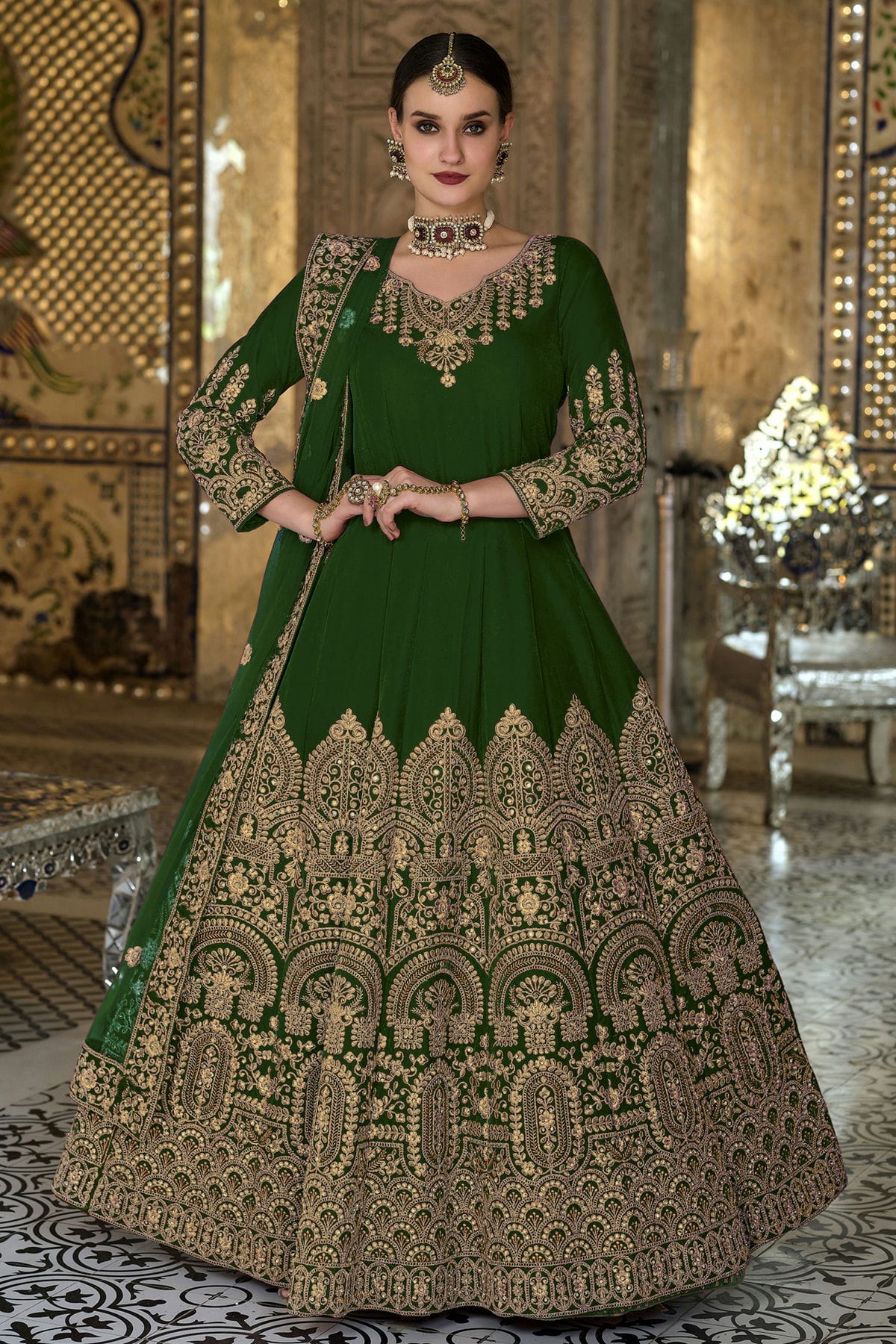 Green Colour Semi Stitched 9000 Velvet Anarkali Suit