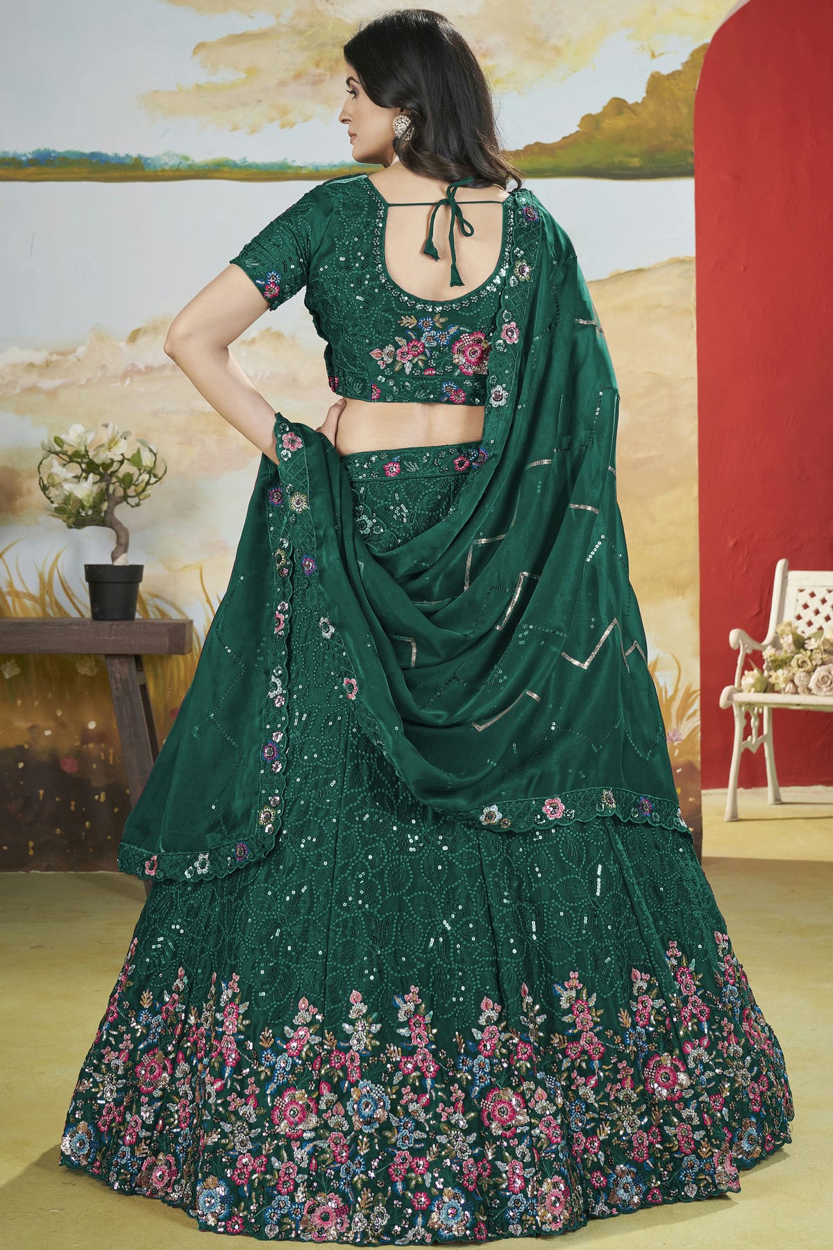 Green Colour Semi Stitched Chinon Lehenga Choli VSLC1112523