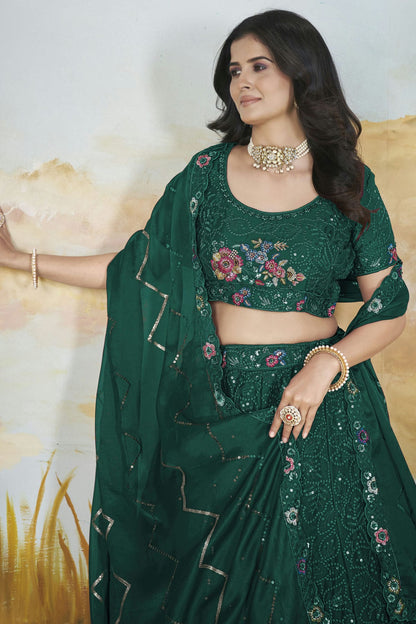 Green Colour Semi Stitched Chinon Lehenga Choli VSLC1112523