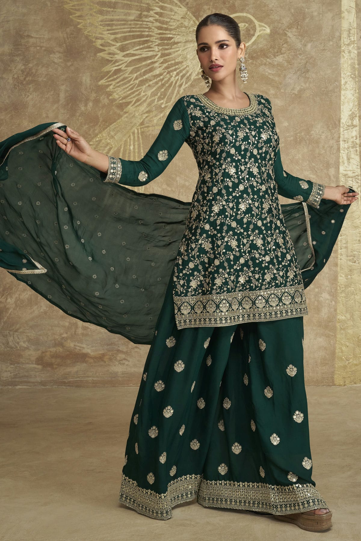 Green Colour Semi Stitched Chinon Silk Palazzo Pant Suit