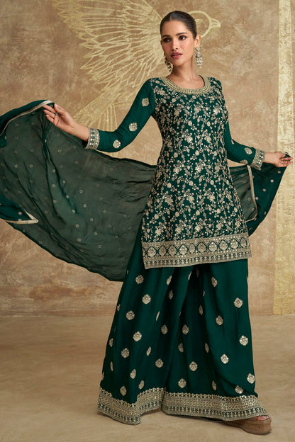 Green Colour Semi Stitched Chinon Silk Palazzo Pant Suit