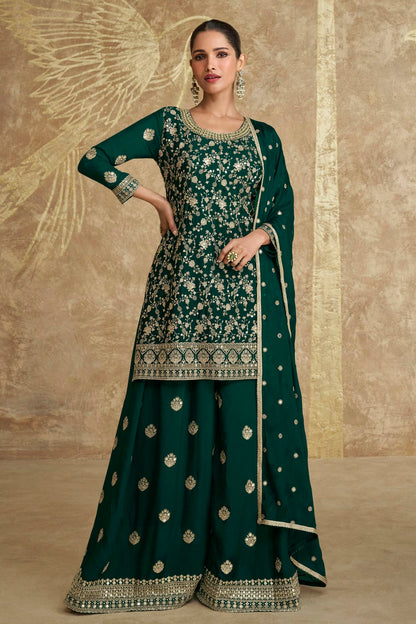 Green Colour Semi Stitched Chinon Silk Palazzo Pant Suit