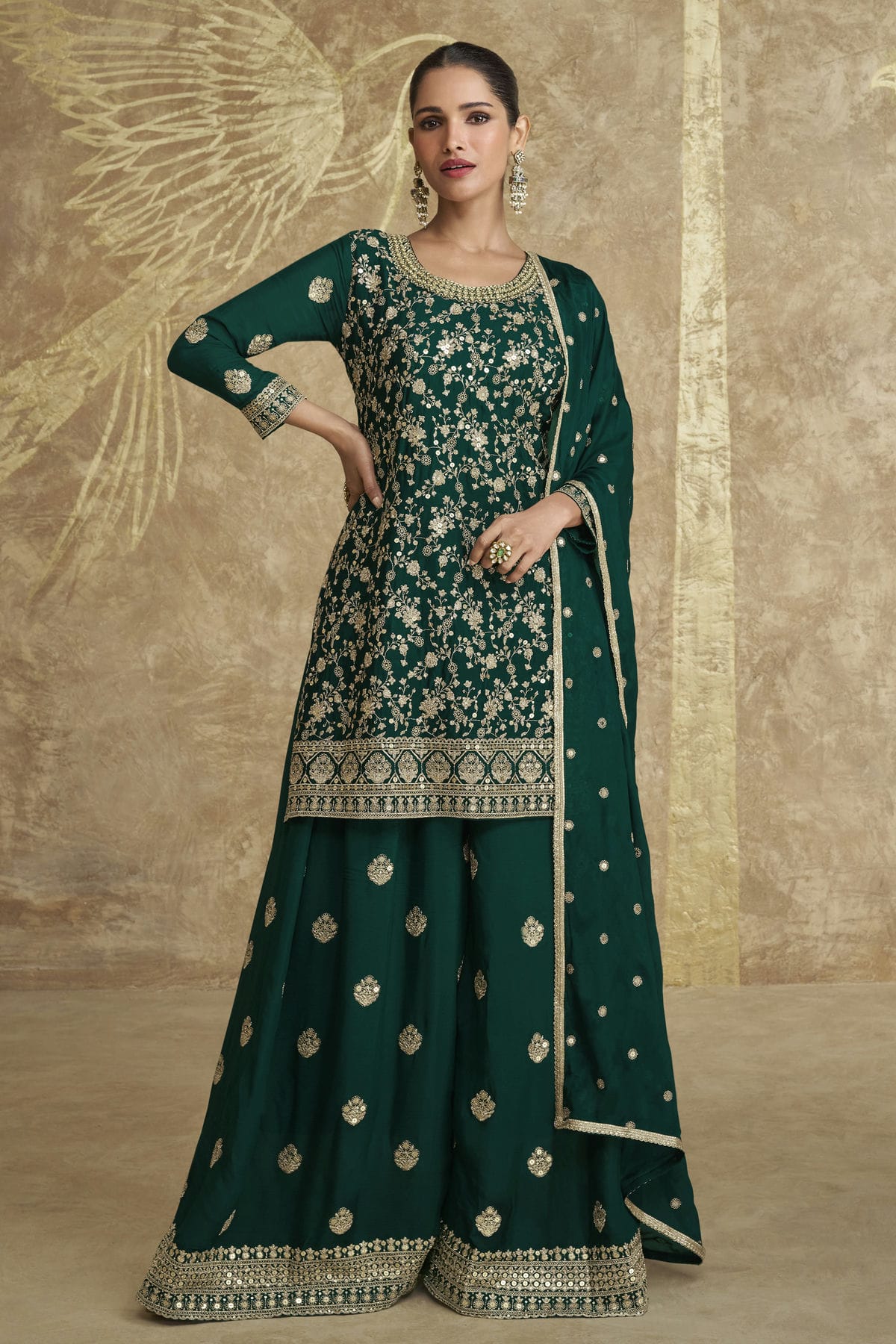 Green Colour Semi Stitched Chinon Silk Palazzo Pant Suit