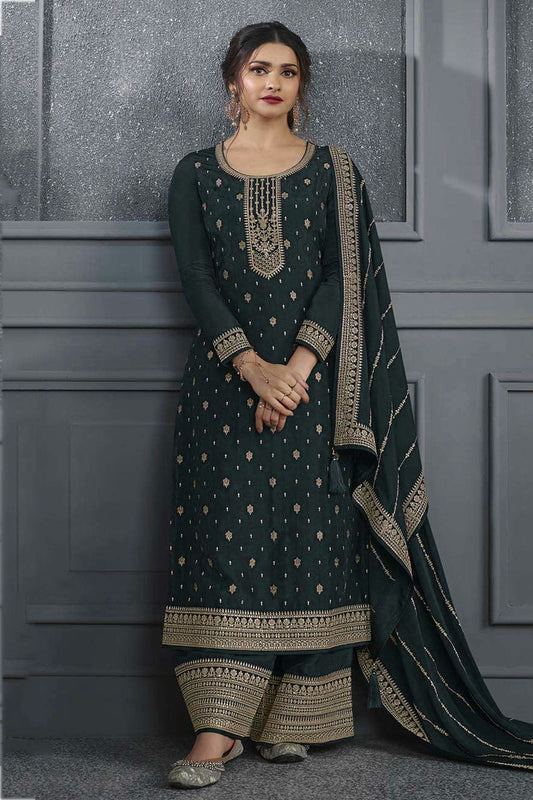 Green Colour Semi Stitched Dola Jacquard Silk Palazzo Pant Suit