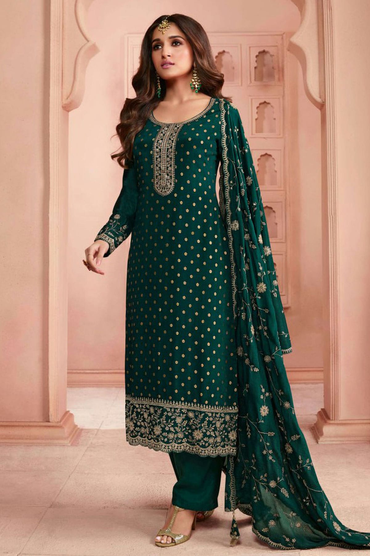 Green Colour Semi Stitched Dola Jacquard Silk Pant Style Suit