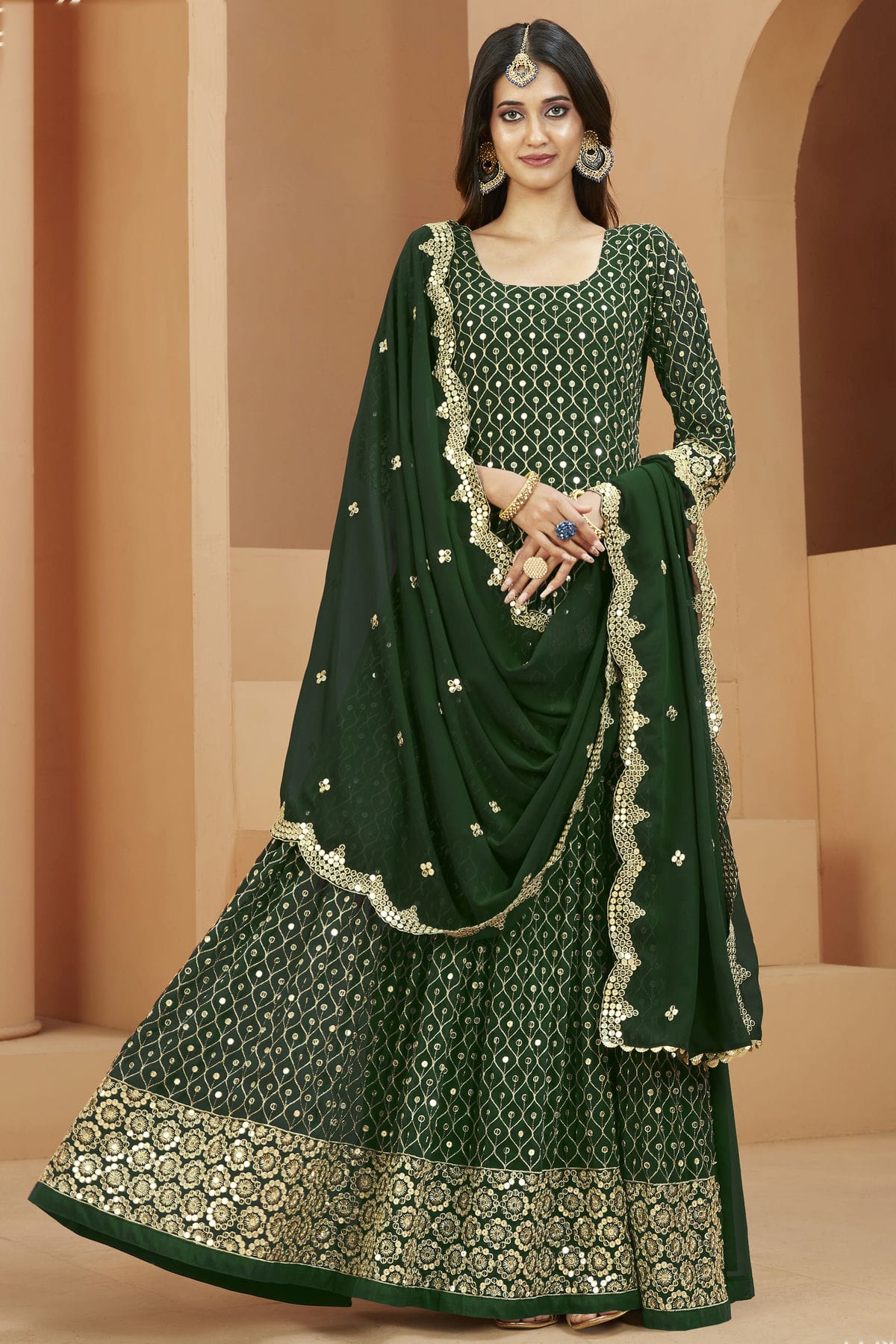 Green Colour Semi Stitched Faux Georgette Anarkali Suit