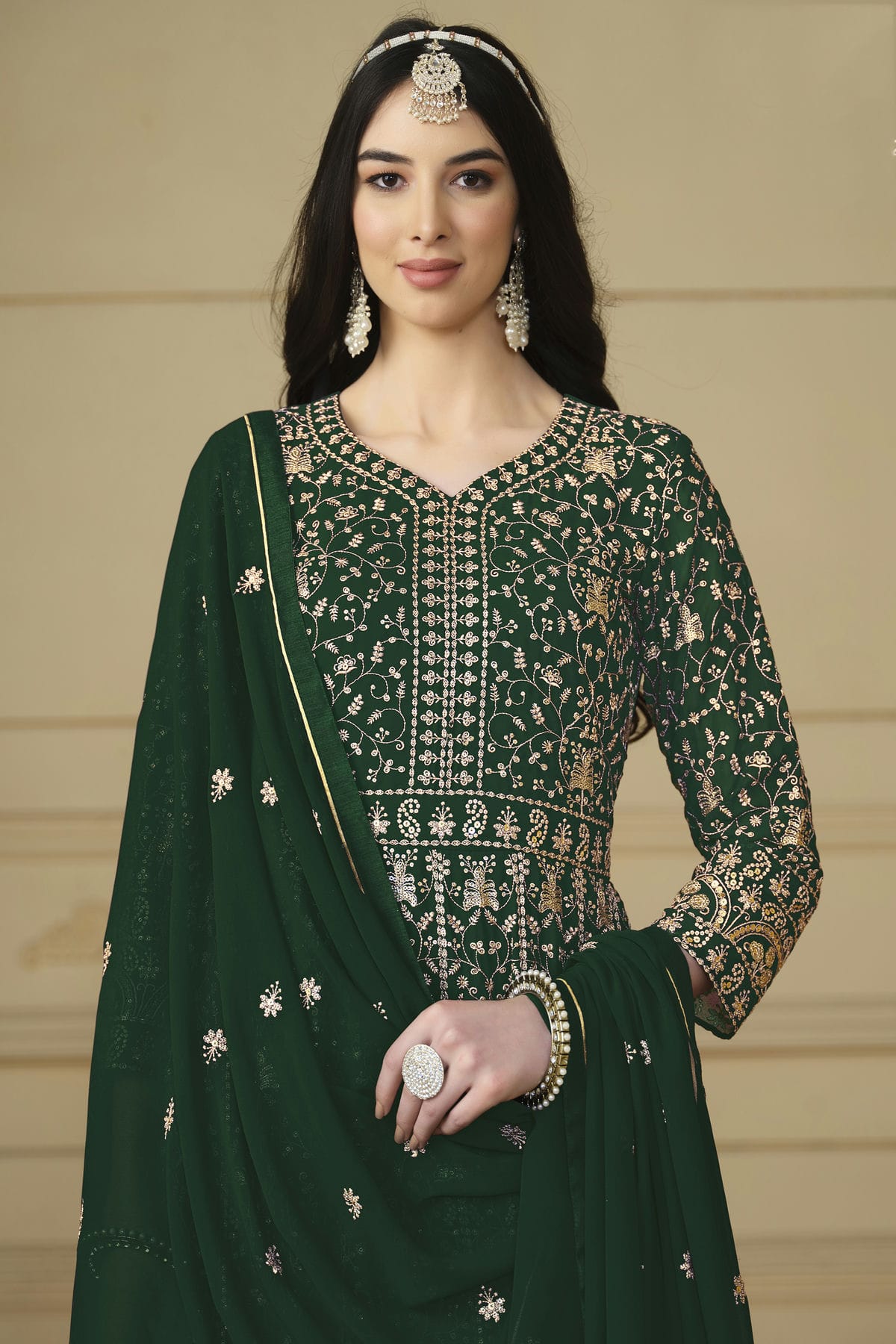 Green Colour Semi Stitched Faux Georgette Anarkali Suit